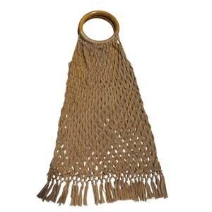 Vintage Boho Macramé Handbag with Wooden Ring Handles – Handmade Knit Tote